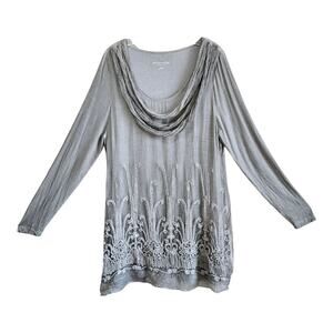 SOFT SURROUNDING Women's L Beaux Arts Tunic Top Gray Silk Embroidered Lined 42"
